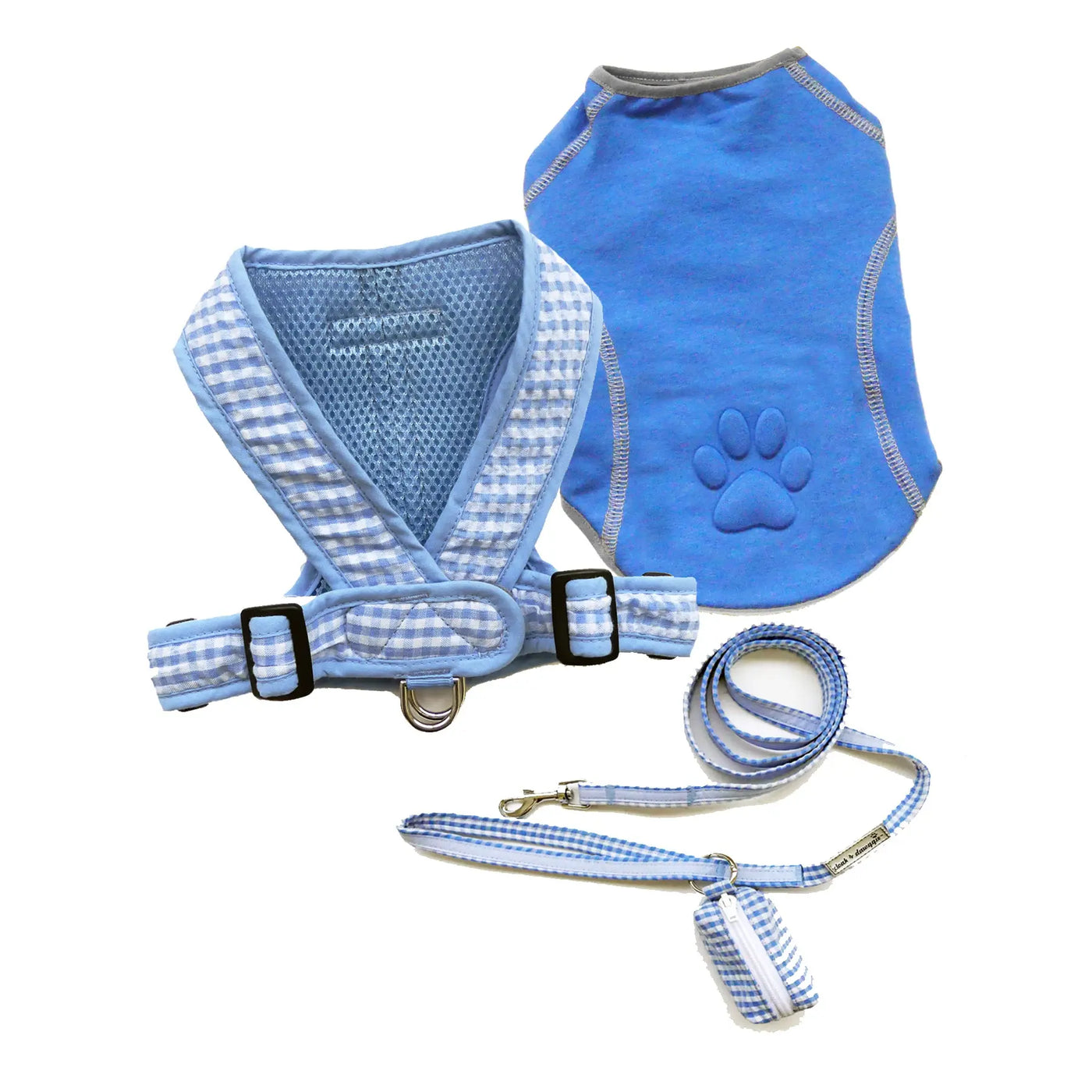 Paw Embossed T Shirt Set with gingham Harness Blue