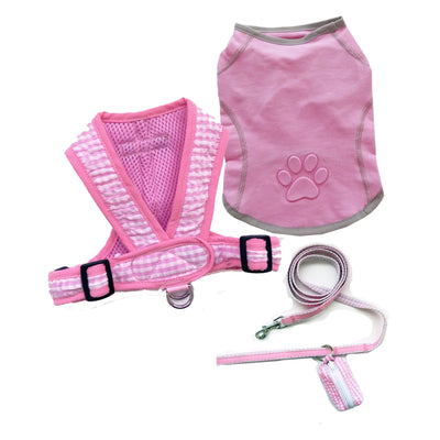 Paw Embossed T Shirt Set with gingham Harness Pink