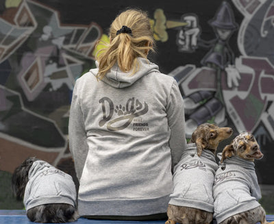 BFF Logo Grey Fleece Hoodie Women's Zip front Women sitting with 3 dogs with matching hoodies