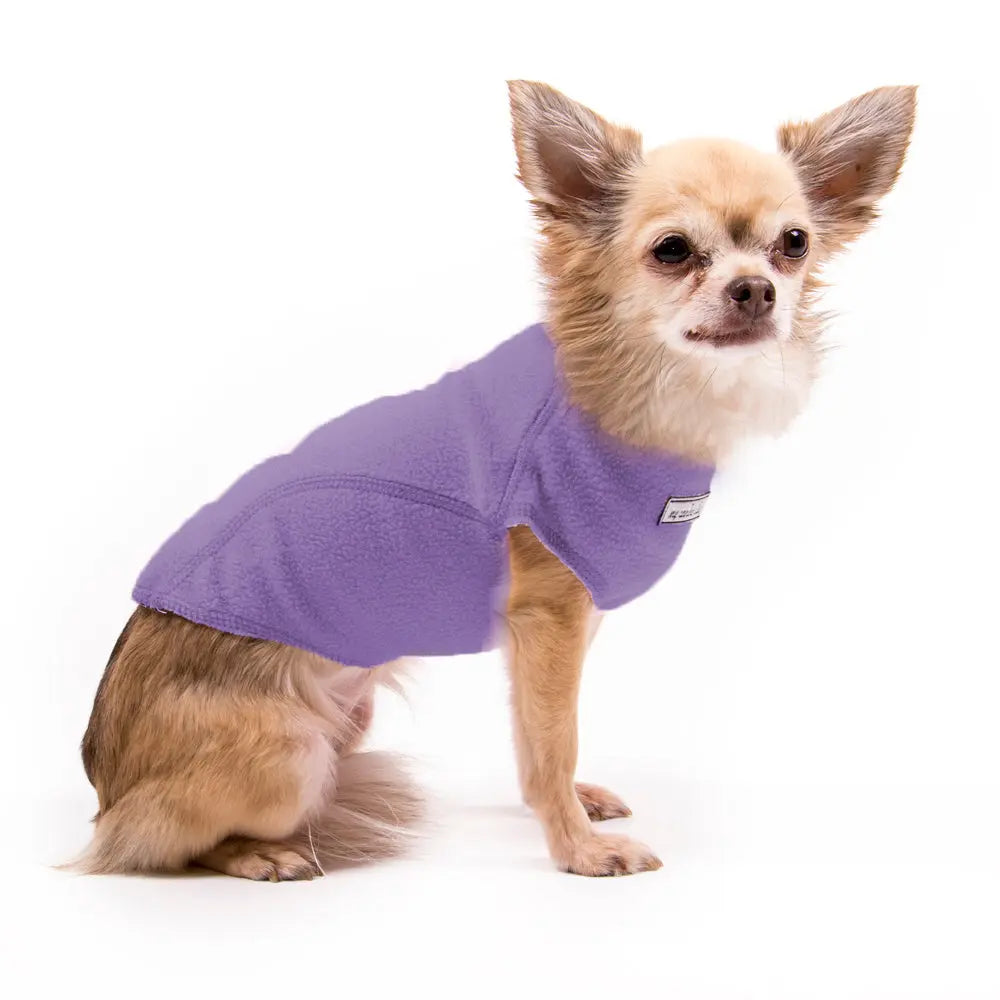 My Canine Kids | Cloak and Dawggie  Fleece Dog Sweater Tiny Dogs and Large Dogs. Shown in purple on small dog