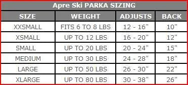 apre ski size chart