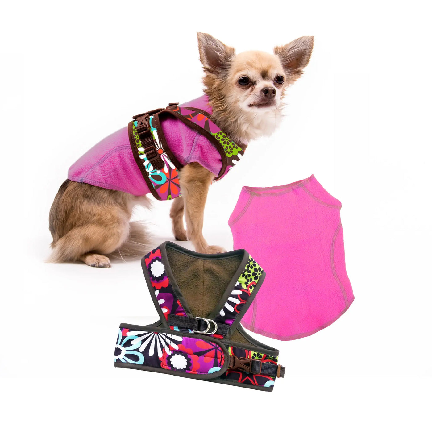 floral harness and hot pink sweater on a dog