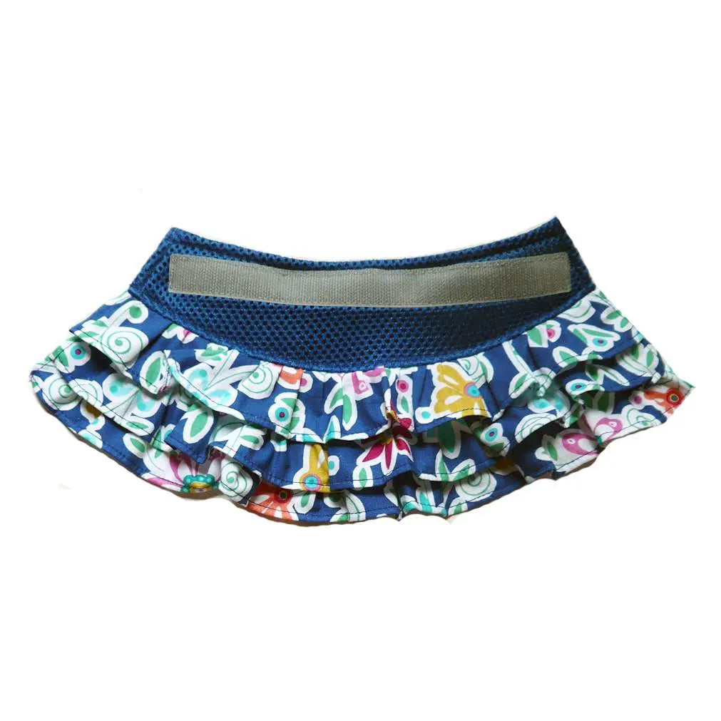 cloak &amp; dawggie Flirty Blue Floral Dog Skirt Cotton print ruffles to turn the Step N Go harnesses into cute dresses! Mesh yoke with Hook N Loop to attach.