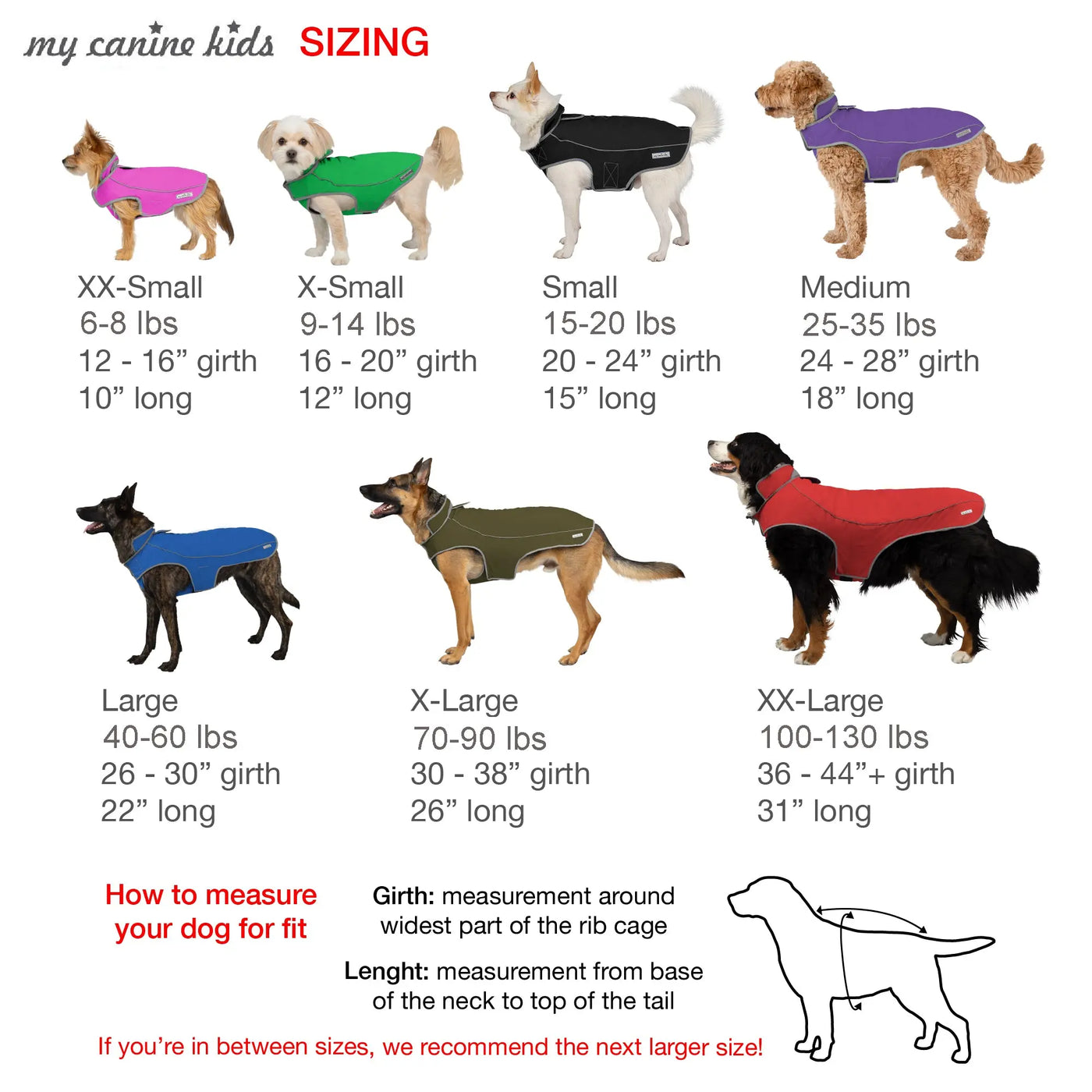 Precision Fit Dog Parka Size Chart