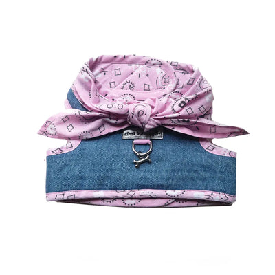 4900 Denim Small Dog Harness with Pink Bandana Scarf Cloak and Dawggie for Teacup small dogs