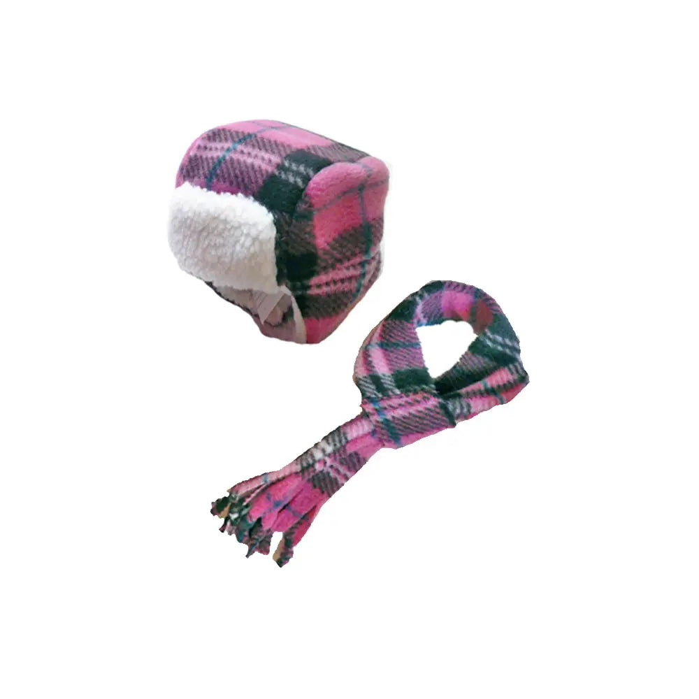 aviator dog hat and scarf set fleece pink plaid
