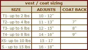 Flannel vest harness size chart