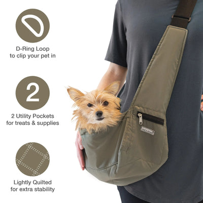 Tiny dog sling carrier in olive color with dog in inside and feature call outs