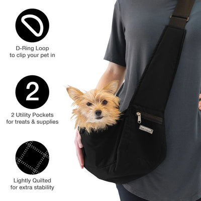 tiny dog carrier with dog in it and features listed