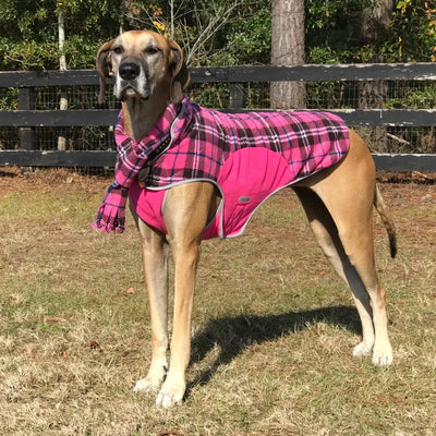 Precision Fit Pink Plaid Printed Fleece Dog Jacket on Large Dog Model Cloak and Dawggie